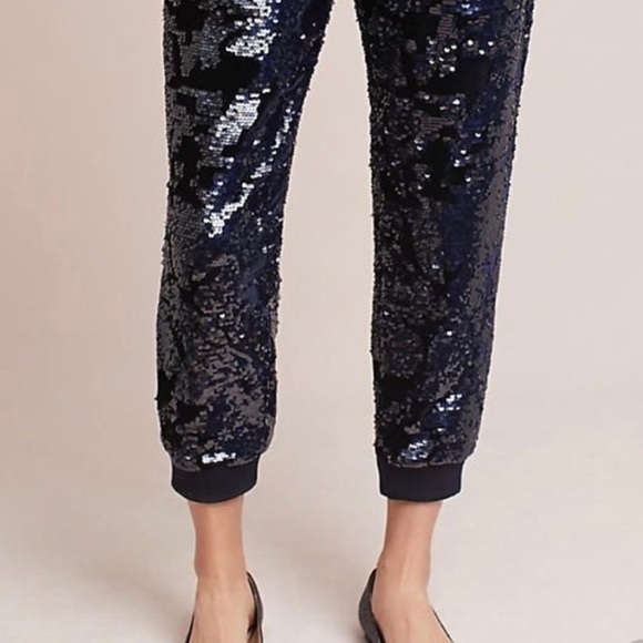 Anthropologie ett:wa Velvet sequin joggers size Small navy fully lined - Picture 2 of 9